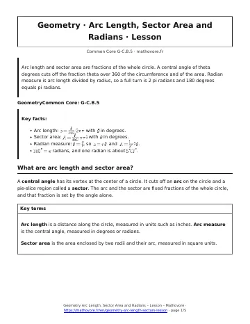 Page 1 of the Geometry Arc Length, Sector Area and Radians lesson PDF