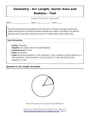 Page 1 of the Geometry Arc Length, Sector Area and Radians test PDF