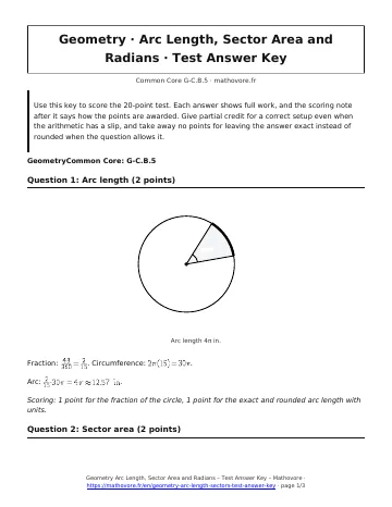 Page 1 of the Geometry Arc Length, Sector Area and Radians test answer key PDF
