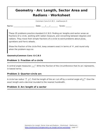 Page 1 of the Geometry Arc Length, Sector Area and Radians worksheet PDF