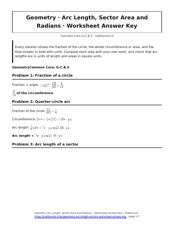 Page 1 of the Geometry Arc Length, Sector Area and Radians worksheet answer key PDF
