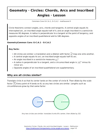 Page 1 of the Geometry Circles: Chords, Arcs and Inscribed Angles lesson PDF