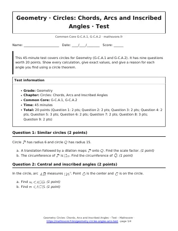 Page 1 of the Geometry Circles: Chords, Arcs and Inscribed Angles test PDF