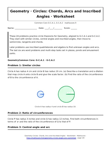 Page 1 of the Geometry Circles: Chords, Arcs and Inscribed Angles worksheet PDF