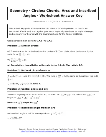Page 1 of the Geometry Circles: Chords, Arcs and Inscribed Angles worksheet answer key PDF