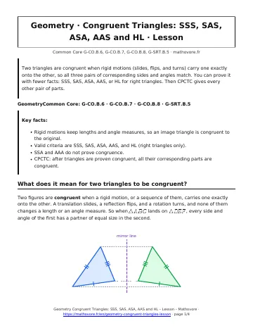 Page 1 of the Geometry Congruent Triangles: SSS, SAS, ASA, AAS and HL lesson PDF