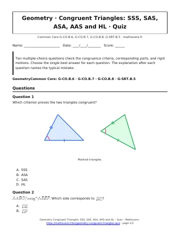 Page 1 of the Geometry Congruent Triangles: SSS, SAS, ASA, AAS and HL quiz PDF