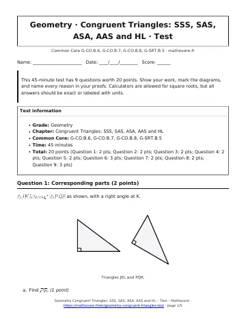 Page 1 of the Geometry Congruent Triangles: SSS, SAS, ASA, AAS and HL test PDF