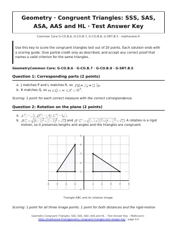 Page 1 of the Geometry Congruent Triangles: SSS, SAS, ASA, AAS and HL test answer key PDF