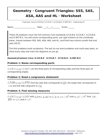 Page 1 of the Geometry Congruent Triangles: SSS, SAS, ASA, AAS and HL worksheet PDF