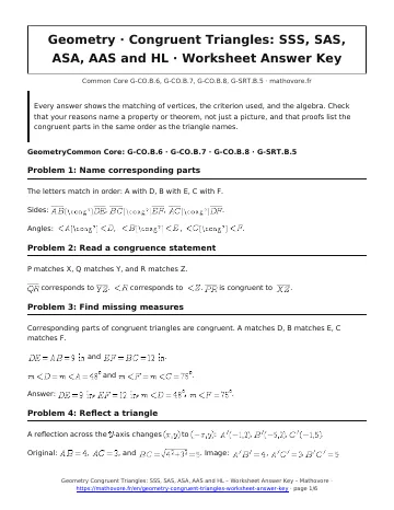 Page 1 of the Geometry Congruent Triangles: SSS, SAS, ASA, AAS and HL worksheet answer key PDF