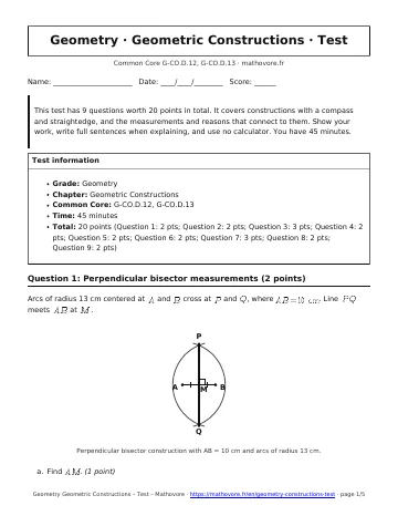 Page 1 of the Geometry Geometric Constructions test PDF