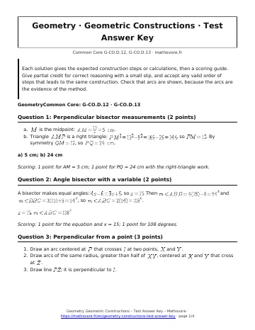 Page 1 of the Geometry Geometric Constructions test answer key PDF