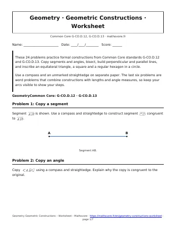 Page 1 of the Geometry Geometric Constructions worksheet PDF