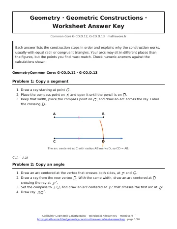 Page 1 of the Geometry Geometric Constructions worksheet answer key PDF