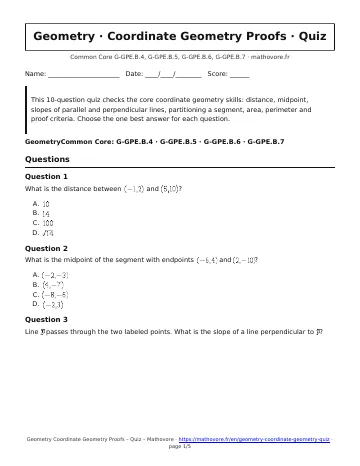 Page 1 of the Geometry Coordinate Geometry Proofs quiz PDF