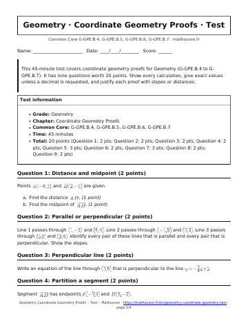 Page 1 of the Geometry Coordinate Geometry Proofs test PDF