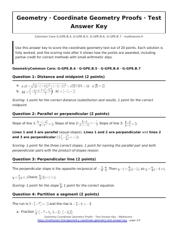 Page 1 of the Geometry Coordinate Geometry Proofs test answer key PDF