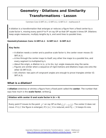 Page 1 of the Geometry Dilations and Similarity Transformations lesson PDF