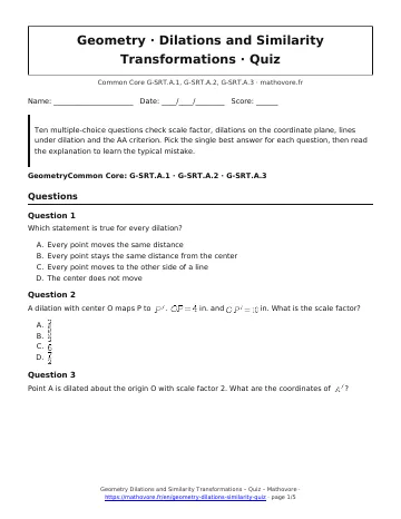 Page 1 of the Geometry Dilations and Similarity Transformations quiz PDF