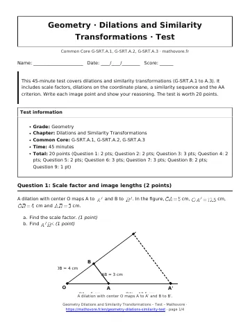 Page 1 of the Geometry Dilations and Similarity Transformations test PDF