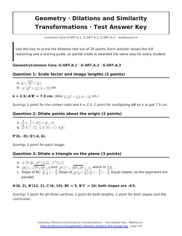 Page 1 of the Geometry Dilations and Similarity Transformations test answer key PDF
