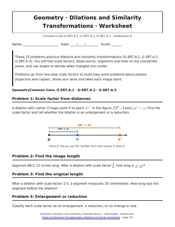 Page 1 of the Geometry Dilations and Similarity Transformations worksheet PDF