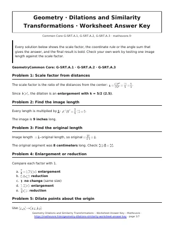 Page 1 of the Geometry Dilations and Similarity Transformations worksheet answer key PDF