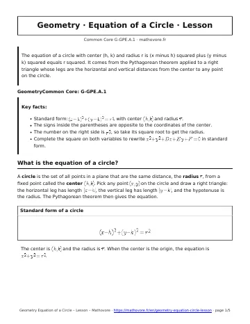 Page 1 of the Geometry Equation of a Circle lesson PDF