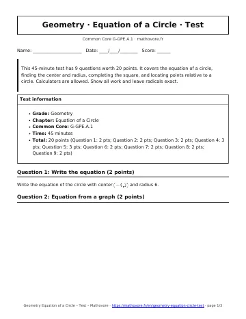 Page 1 of the Geometry Equation of a Circle test PDF