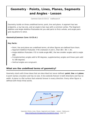Page 1 of the Geometry Points, Lines, Planes, Segments and Angles lesson PDF