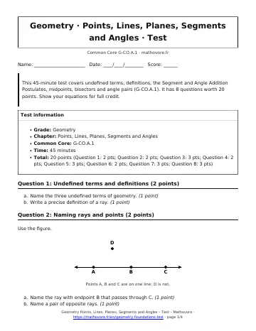 Page 1 of the Geometry Points, Lines, Planes, Segments and Angles test PDF