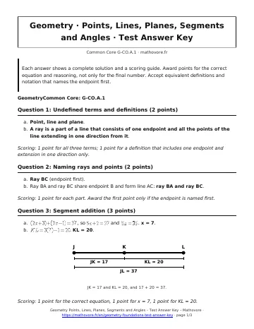 Page 1 of the Geometry Points, Lines, Planes, Segments and Angles test answer key PDF