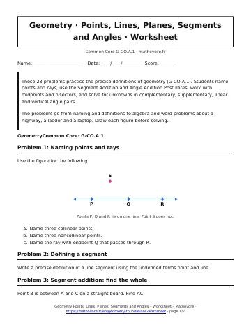 Page 1 of the Geometry Points, Lines, Planes, Segments and Angles worksheet PDF