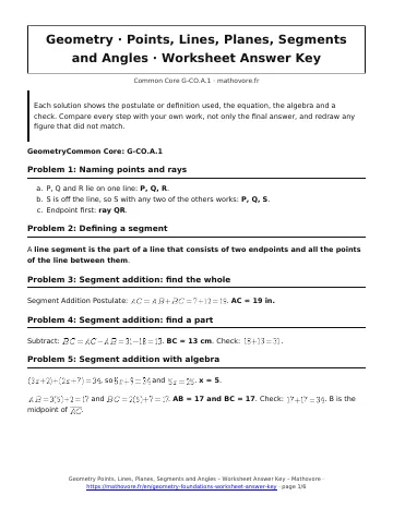 Page 1 of the Geometry Points, Lines, Planes, Segments and Angles worksheet answer key PDF