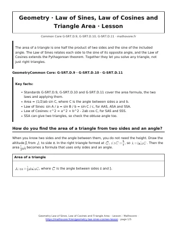 Page 1 of the Geometry Law of Sines, Law of Cosines and Triangle Area lesson PDF