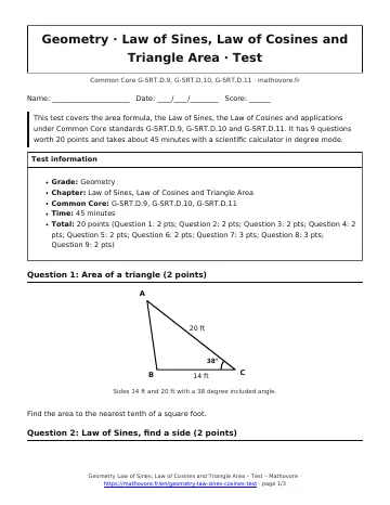 Page 1 of the Geometry Law of Sines, Law of Cosines and Triangle Area test PDF