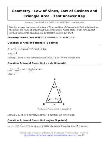 Page 1 of the Geometry Law of Sines, Law of Cosines and Triangle Area test answer key PDF