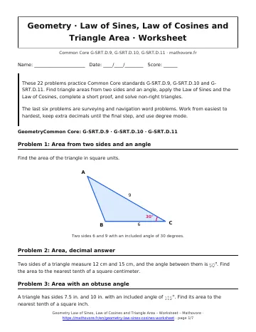 Page 1 of the Geometry Law of Sines, Law of Cosines and Triangle Area worksheet PDF