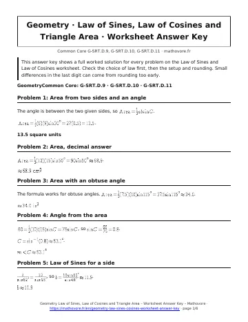 Page 1 of the Geometry Law of Sines, Law of Cosines and Triangle Area worksheet answer key PDF