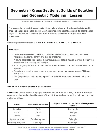 Page 1 of the Geometry Cross Sections, Solids of Rotation and Geometric Modeling lesson PDF