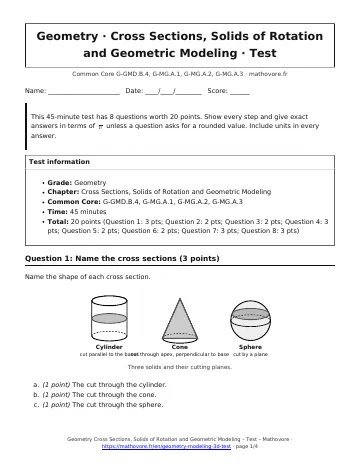 Page 1 of the Geometry Cross Sections, Solids of Rotation and Geometric Modeling test PDF