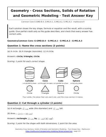 Page 1 of the Geometry Cross Sections, Solids of Rotation and Geometric Modeling test answer key PDF