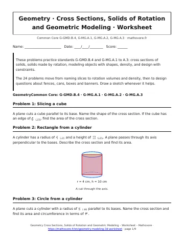 Page 1 of the Geometry Cross Sections, Solids of Rotation and Geometric Modeling worksheet PDF