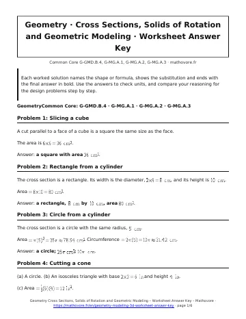 Page 1 of the Geometry Cross Sections, Solids of Rotation and Geometric Modeling worksheet answer key PDF