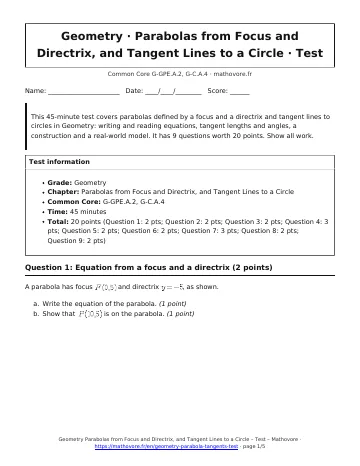 Page 1 of the Geometry Parabolas from Focus and Directrix, and Tangent Lines to a Circle test PDF