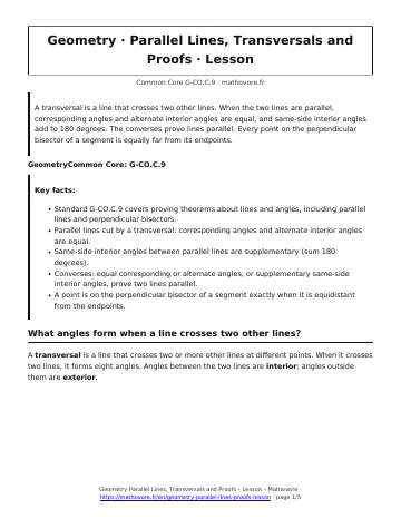 Page 1 of the Geometry Parallel Lines, Transversals and Proofs lesson PDF