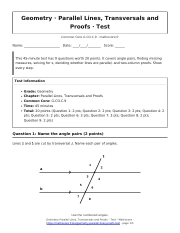 Page 1 of the Geometry Parallel Lines, Transversals and Proofs test PDF