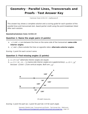 Page 1 of the Geometry Parallel Lines, Transversals and Proofs test answer key PDF