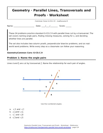 Page 1 of the Geometry Parallel Lines, Transversals and Proofs worksheet PDF